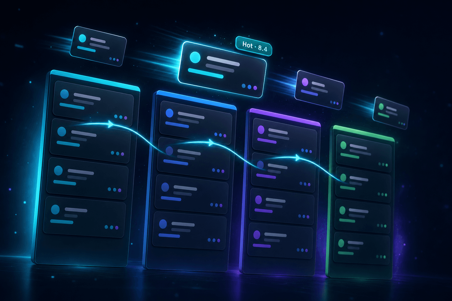 Kanban de vendas SiteUp com cards movendo entre etapas automaticamente